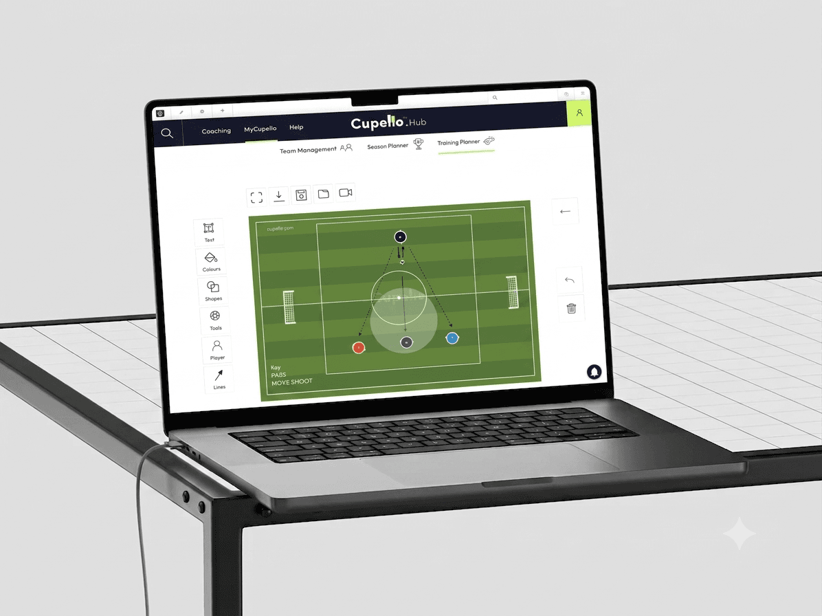Cupello football tactics board displayed on a laptop