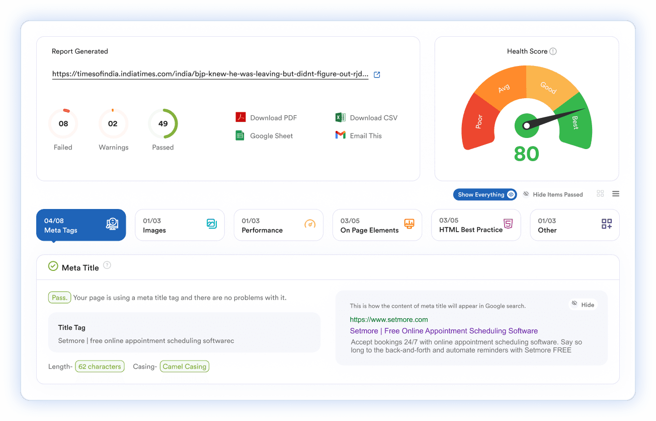 WebQA automated website audit report with health score and test results