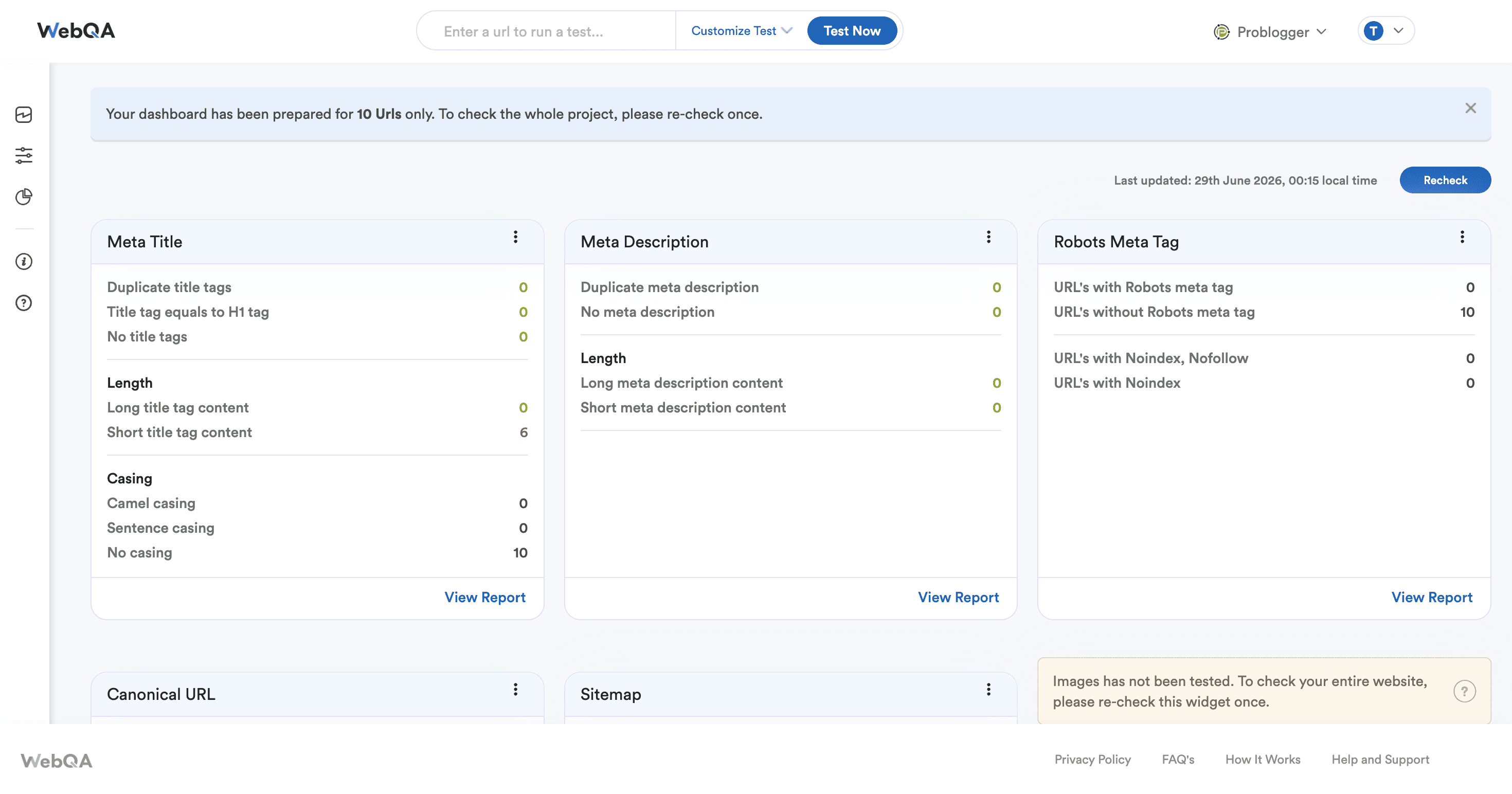 WebQA website audit overview dashboard